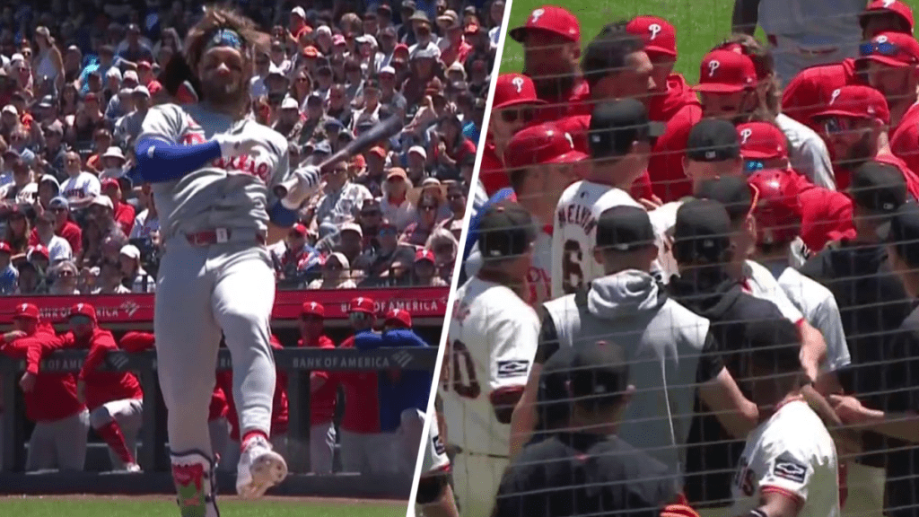 La reacción de Bryce Harper después del juego al recibir dos golpes antes de que se vaciaran los bancos – NBC Sports Philadelphia