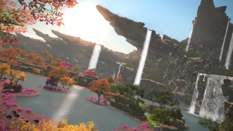 Toma de Square Enix de Final Fantasy que muestra árboles coloridos, una cascada y agua azul con altas rocas y colinas.