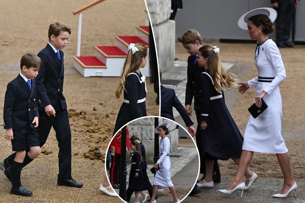 Los hijos de Kate Middleton, la princesa Charlotte, el príncipe George y el príncipe Louis, visten ropa azul marino en Trooping the Color 2024