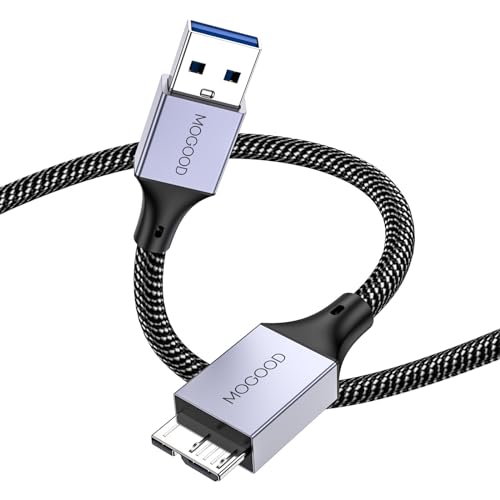 MOGOOD Cable de Disco Duro, Micro B a USB Cable de Datos Macho, USB3.0 a Micro B Cable Compatible con Discos Duros Externos Portátiles,WD Elements,Samsung M3 1TB/Galaxy S5/Note 3-Gris（0.5M