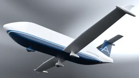 Aeroglider Una concepción artística de cómo podría verse un planeador de carga, con un fuselaje enorme y alas delgadas.