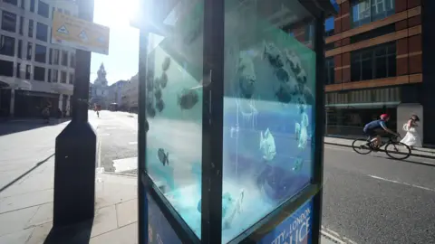 Instalación del acuario en Ludgate Hill por la Agencia de Noticias PA