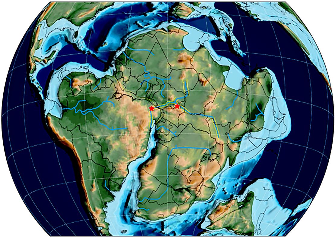 Las estrellas rojas dentro de esta imagen indican la ruta que tomaron los dinosaurios cuando los continentes de América del Sur y África estaban conectados.