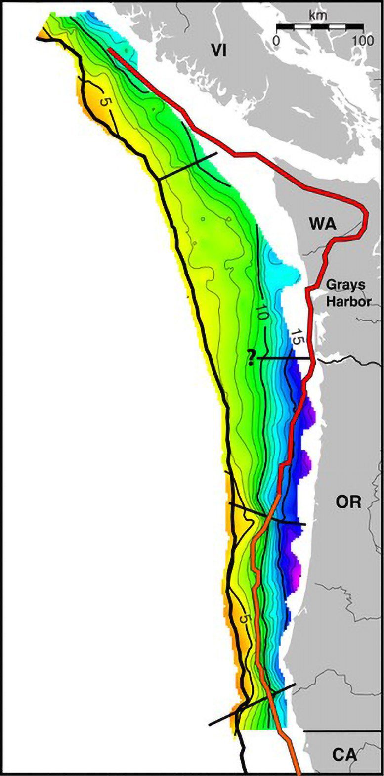 Mapa submarino de la zona de subducción de Cascadia