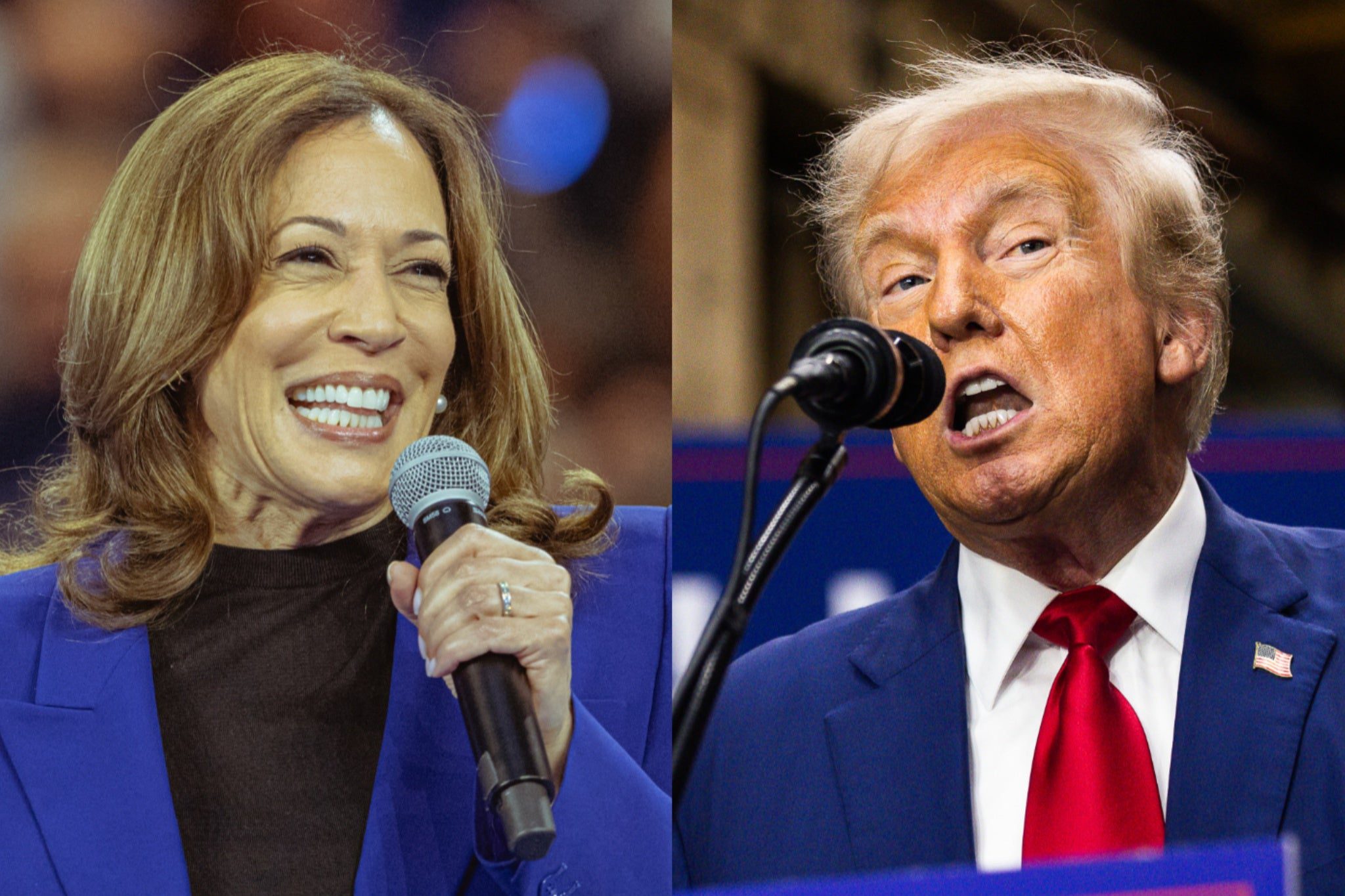 Los candidatos presidenciales Kamala Harris y Donald Trump toman el micrófono