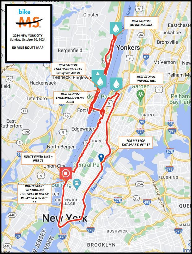 Bike MS: Mapa de carreteras de 50 millas de la ciudad de Nueva York 2024 